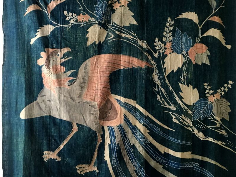 古布 藍染木綿 桐に鳳凰 筒描き 5巾 藍染グリーン - 生活骨董と古布の 古布 藍染木綿 桐に鳳凰 筒描き 5巾 藍染グリーン - 生活骨董と古布の