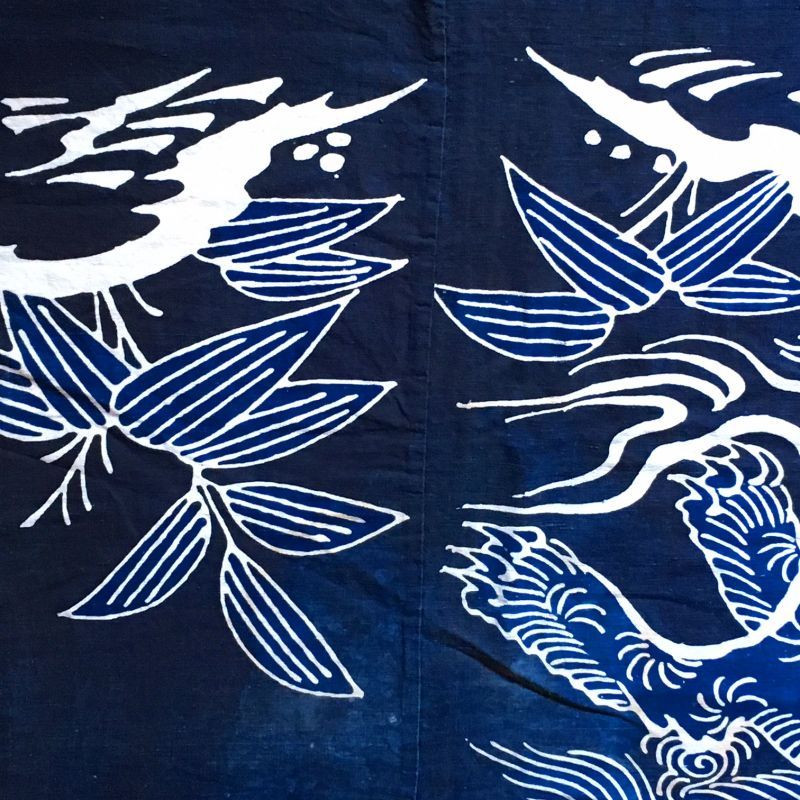 古布藍染筒描獏竹笹模様4巾半布団皮 - 生活骨董と古布のアンティーク