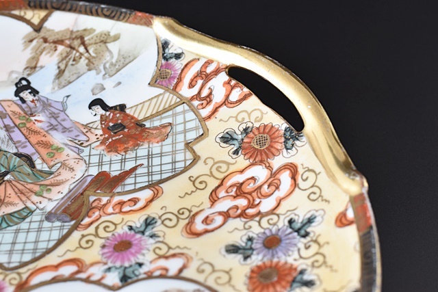 オールドノリタケ 金襴桜窓絵に美人 船曳図 菊花 耳付皿 ハンド
