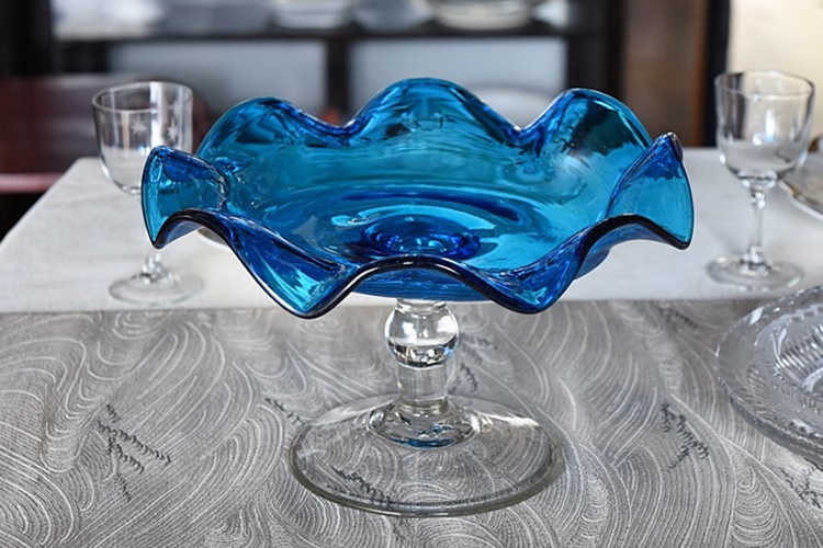 骨董 時代ガラス 吹きガラス 希少 花縁フリル 特大コンポート 氷コップ 
