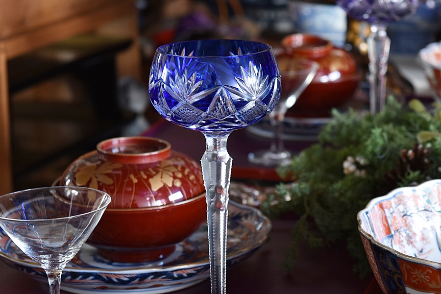 クリスタルガラス 被せカットグラス ワイングラス ブルー 