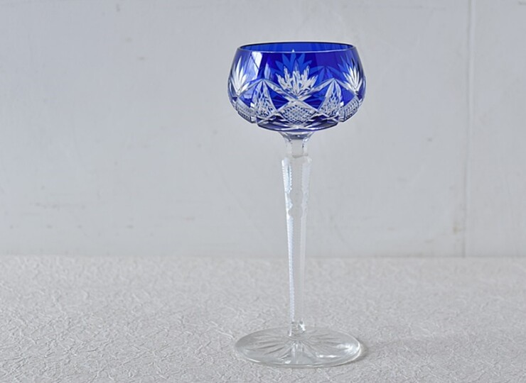 クリスタルガラス 被せカットグラス ワイングラス ブルー ボヘミアン 