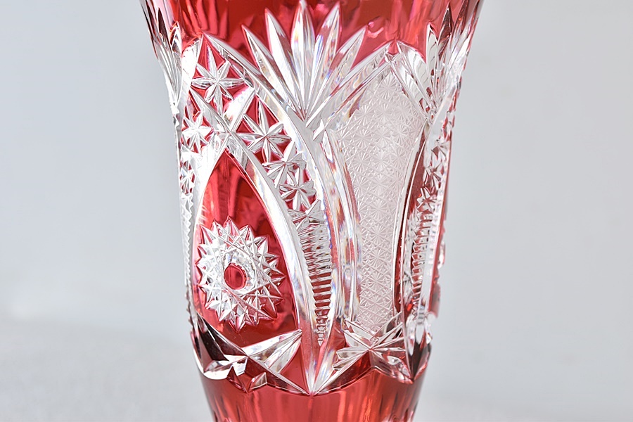 クリスタルガラス ボヘミアングラス 赤被せガラス カットグラス
