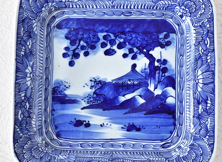 伊万里 染付 ベロ藍 風景画 線描き 四方皿 - 生活骨董と古布の 