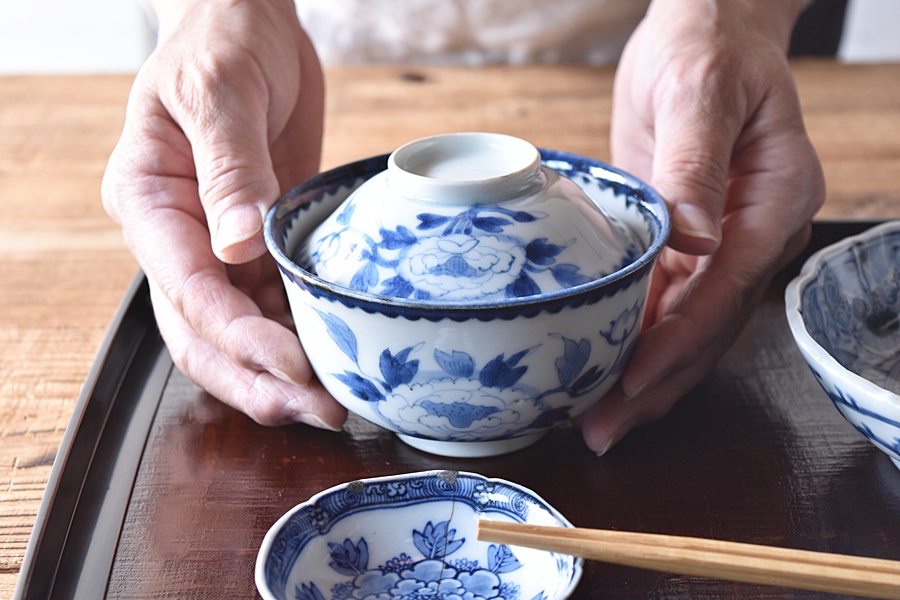 アンティーク 骨董 染付牡丹唐草文様 深鉢 丼 菓子鉢 古伊万里 亀山 古