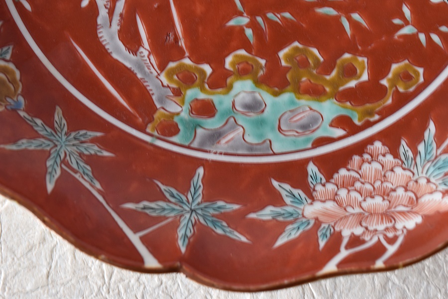 古伊万里 色絵 赤絵 花鳥模様 大明成化年製文 輪花型 七寸皿 - 生活 