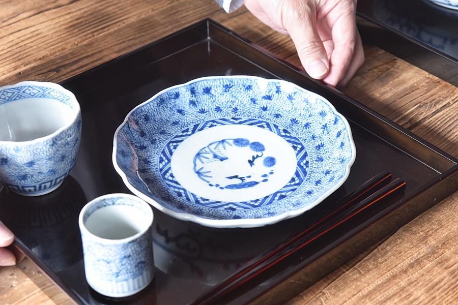 1036 中国　骨董　太明成化年製刻印付き　染付輪花　皿　6客　時代物