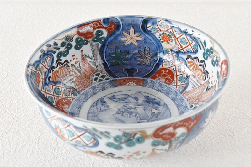 伊万里 色絵 網干風景画 竜田川図 鉢 - 生活骨董と古布の
