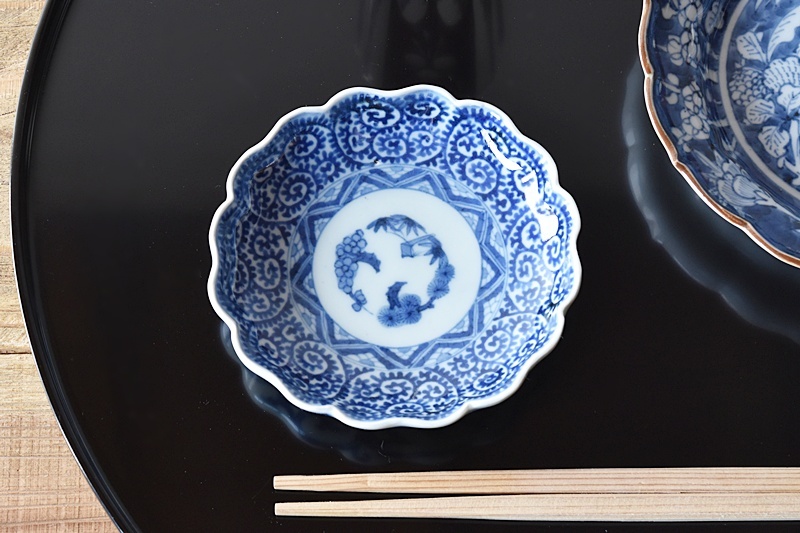 古伊万里 染付 蛸唐草 成化年製文 くっきり輪花型 小皿 5客
