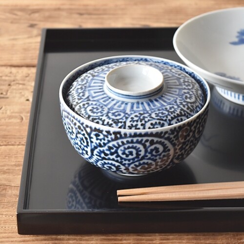 骨董　アンティーク　古伊万里　染付　縦縞葉文様　蓋茶碗　蓋碗　直しあり 骨董 アンティーク 古伊万里 染付 縦縞葉文様 蓋茶碗 蓋碗 直し